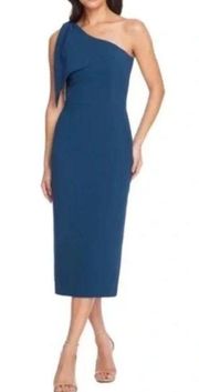 DRESS THE POPULATION Tiffany One-Shoulder Midi Dress in Peacock Blue XX-Large