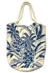 Tropical Floral Rope Handle Tote Bag Canvas Carryall Purse blue cream Hawaii