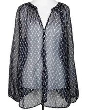 ZOA Sheer Black & White Herringbone Long Billowing Sleeve Blouse ~ Women's Top M