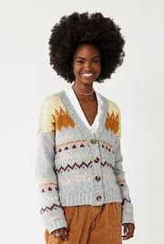 SO Mixed Media Fair-isle Sweatshirt V Neck Button Front Sweater Cardigan Medium