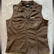 Harley Davidson Vest Brown Cotton Zip Motorcycle Riding Studs Eagle Women’s L