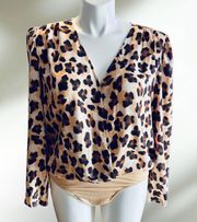 ! 0376 -  Cheetah Fashion Women Deep V Neck Print Wrap Bodysuit - Leotard Top Shirts Long Sleeve Sexy Blouse Party Tops - Size XXL