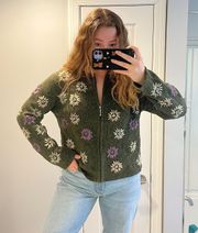 Vintage Army Green Floral Zip Up Sweater Cardigan