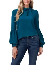 Tie Neck Blouse in Vivid Teal XS Long Sleeves