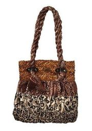 Capelli Straworld Double Handle Leopard Cheetah Mixed Print Satiny Bag Purse