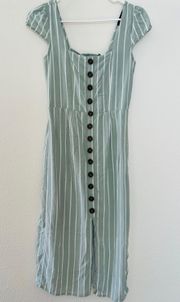 Green White Striped Button Front Dress