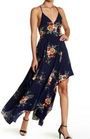 NWT Haute Rogue Blue Floral Handkerchief Hem Strappy Dress High Low