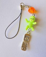 Kawaii y2k funny funky grunge style neon green baby & dice & flip phone dangle phone strap/bag charm/keychain/display/accessory💚👶🦷🎲🌀📱