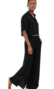 NWT PLUSH REVOLVE Faux Silk Crop Top & Wide Leg with Slit Black PJ Set Sz S