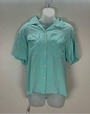 Oscar De La Renta 100% Silk Teal Blue Green Button Down Top size 6 short sleeve