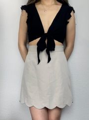Khaki Tailored A-Line Mini Skirt With Scallop Hem