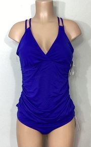 New. La Blanca Blue ruched V-neck underwire tankini set. Size 14/L