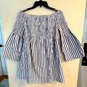 Women’s Blue & White Striped Off Shoulder Smocked Bell Sleeve Casual Dress