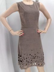 "ELIE TAHARI" MOCHA FAUX SUEDE A LINE LASER CUT HEMLINE SKIRT DRESS SIZE: 14