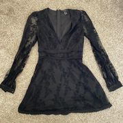 Black Lace V Neck Baby Doll Long Sleeve Dress