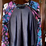 NWT ALL IN MOTION XL SWIM TOP | BLACK WITH PINK BLUE FLORAL LONG SLEEVES