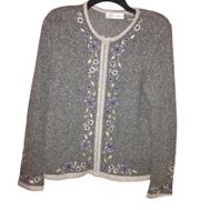 Dressbarn Silk Angora Wool Silk Floral Embroidered Full Zip Sweater Grey Small