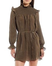 French Connection Dress Boza Crinkle Woven Mock Neck L/S Smocked Yoke Sz L NWT