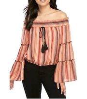 Wonderly Striped Bohemian Flare Bell Sleeve OTS Blouse S