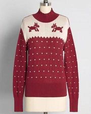 Sweet Scotty Dog Fair Isle Sweater Mockneck Lightweight Rich Burgundy Red S