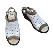 Fly London White Green Perforated Leather Slingback Peep Toe Sandals 37/6.5-7