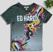 Ed Hardy Y2K RARE Snake W/Embroidered Lettering Tiger Label T-Shirt Tee Unisex S