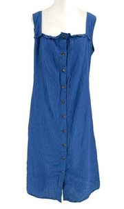 eShakti 100% Linen Ruffle Frill Trim Sleeveless Shirt Dress Ocean Blue sz Large