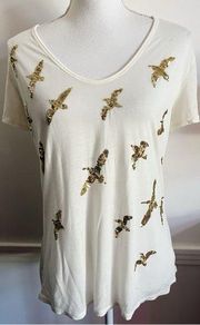 Tory Burch • Cream with Gold Sequin Bird Tee Shirt