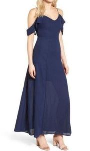 DEE ELLY Cold Shoulder Cutout Maxi Dress Navy Blue Long Semi Sheer Overlay Party