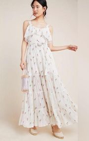 Anthropologie Paige Tevin Maxi  Ivory Dress  Tiered Floral Ruffled Size: Large