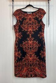 Maggy London Black & Orange Boat Neck Cap Sleeve Sheath Dress Lined Size 14