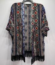 French Laundry Bohemian Aztec Open Front Fringed Short Sleeve Wrap Size Small