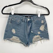 Boohoo Blue Distressed Jean Shortie Shorts Womens Sz 4 Light Wash Ripped Denim