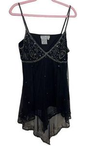 Asymmetrical Black Silver Beaded VNeck Tank Top Vintage Y2K