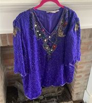 VINTAGE 1980’s Scala Beaded Sequined Evening Blouse XL w/shoulder pads