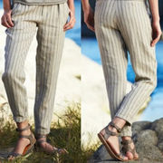 Peruvian Connection Prescott Trousers 100% Linen Straight Leg Pin Striped Tan 10