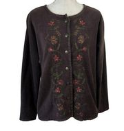 Basic Editions Embroidered Floral Fleece‎ Jacket Womens Size L Brown Button Up
