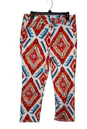 Chicos Women Pants Platinum Cropped Ikat Print Stretch Hi-Rise Red Blue Size 1