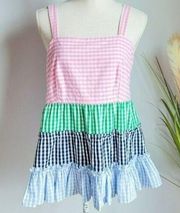 Crown & Ivy, Gingham Pastel Tiered Ruffle Cotton Poplin Babydoll Top Size Large
