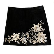 MANGO Genuine Leather Suede Floral Embroidered Mini Skirt XS Small