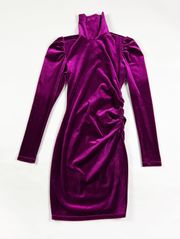 NEW Pam & Gela Mock Neck Shirred Ruched Puff Sleeve Velvet Velour Bodycon Dress