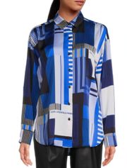 NWT  Paris Geometric Logo Blouse button up Long Sleeve shirt Blue choose your size msrp $89 All size available  New with tag  Same day shipping  Smoke and pets free  Add a luxurious touch to your wardrobe with this  Paris Geometric Logo Blouse button up Long Sleeve shirt. The shirt features a stylish geometric pattern in blue, black, and white colors, perfect for any occasion. It comes in sizes S/M/L/XL and is made of lightweight, breathable polyester that makes it suitable for all seasons. Super silky flowy.   The shirt's oversized design and packable feature make it a perfect addition to your fashions. The shirt is a part of the Paris Theme and has long sleeves, ideal for the colder months. The shirt is suitable for any size and does not compromise on quality.