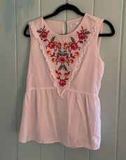 Time and Tru white sleeveless blouse with floral embroidery M (8-10)