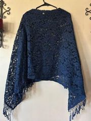 Alberto Makali Navy Blue Lace Fringe Pullover Poncho/Cape Size S/M