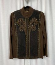 Bob Mackie Wearable Art Embroidered Brown Suede Leather Sweater Jacket Sz.L