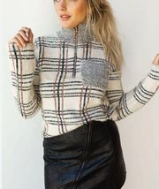 NWT Entro Plaid Ivory  multicolor Soft pullover sweatshirt Sweater 1/4 zip Large