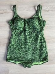 Vintage One Piece Swimsuit Size Large Green Floral Embroidered With Black Mesh