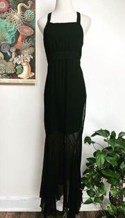 Silk Halter Black Maxi Evening Dress with Handkerchief Hemline size Small