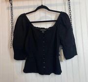 NWT Something Navy Women’s Black Front Button Fitted Top Size XS Puff Sleeve NEW