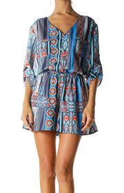 Boutique Blue Orange Print Pocketed 3/4 Sleeve Buttoned Belted Romper sz small.